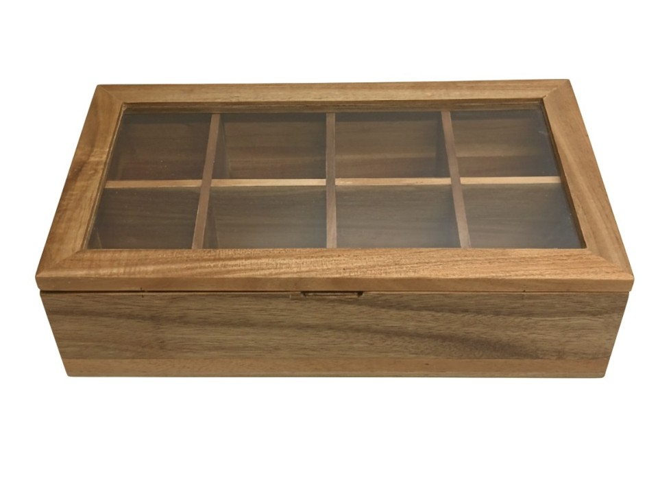 Acacia Wood 8-Section Tea & Spice Box with acrylic Lid - Premium Storage Solution